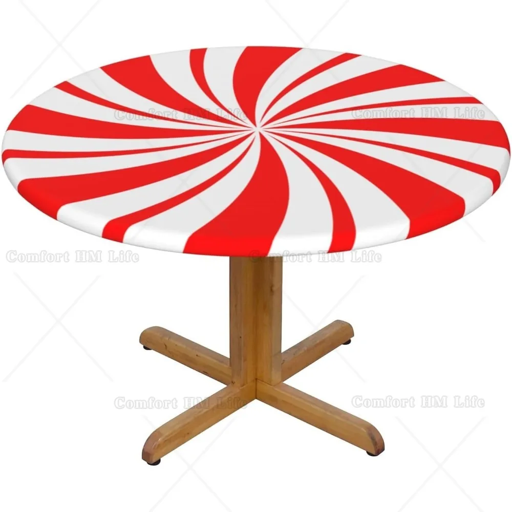 Red and White Peppermint Christmas Round Elastic Tablecloth Edge Fitted Table Cover Fits Table 40