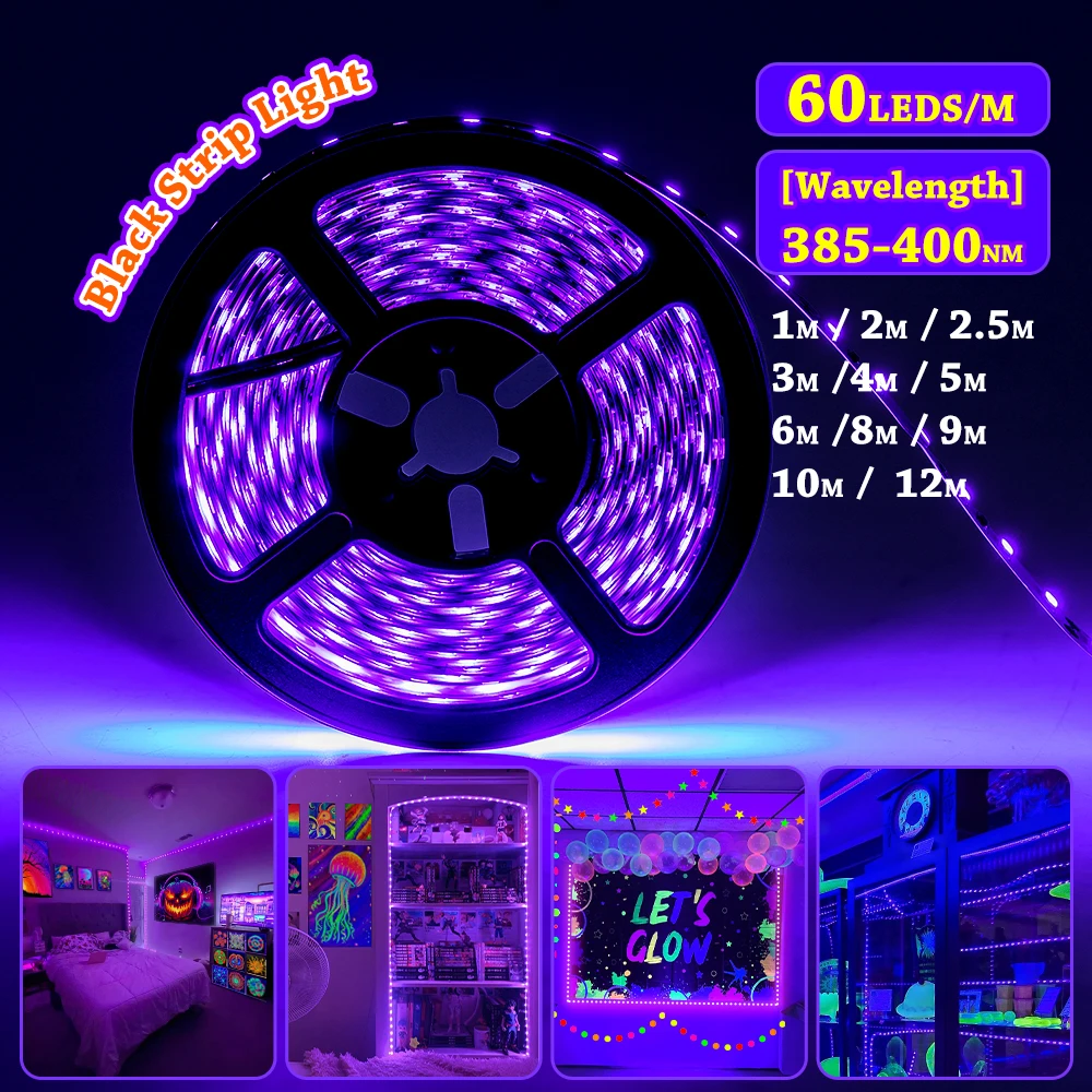1-12m UV black strip light,DC 5V,USB plug,385-400nm,60 LED/m,lighting painting,luminous party,fluorescent poster,living room