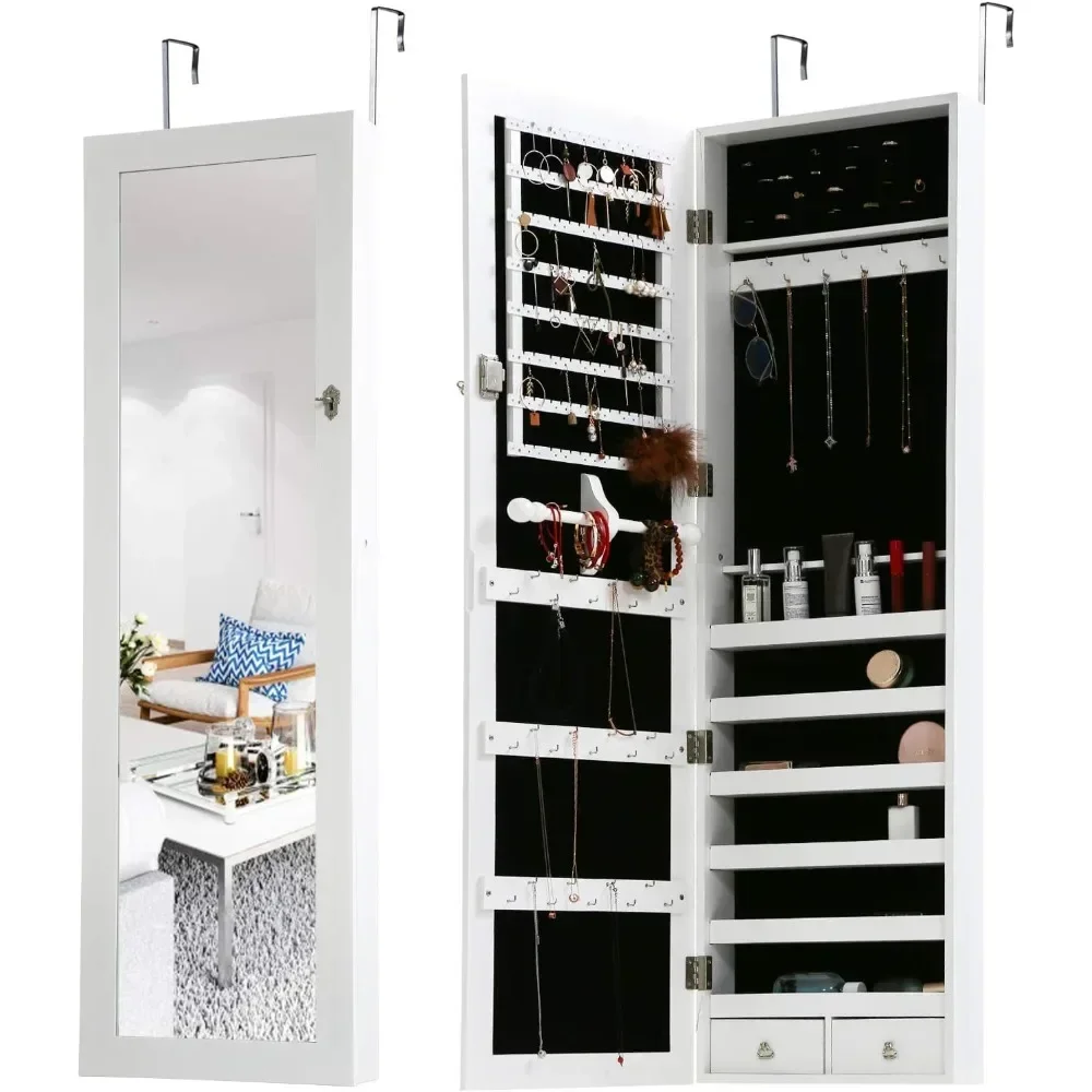 Jewelry Cabinet Wall/Door Mounted Lockable Jewelry Armoire Organizer with Mirror With 2 Drawers 6 Shelves Mirror High Capacity