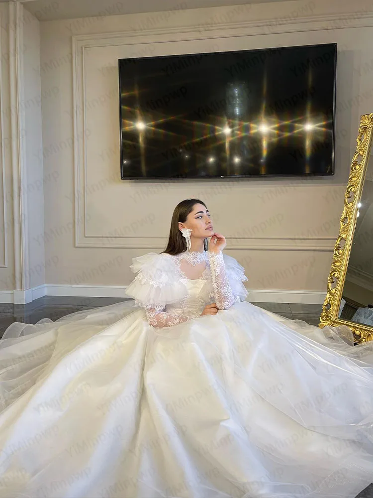 Eleganckie suknie ślubne z wysokim dekoltem, długim rękawem, księżniczka, linia A, zdobione koralikami, suknia ślubna do kościoła, szyta na miarę, robe de mariée