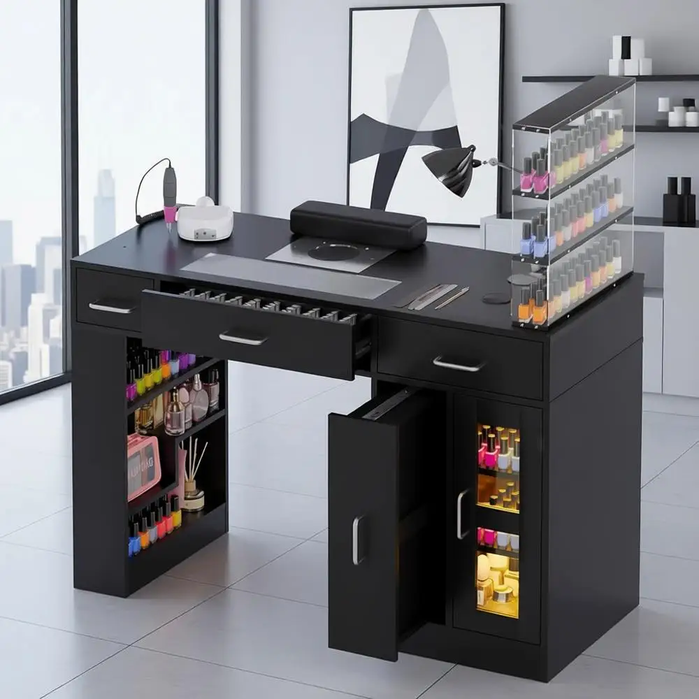 

Nail Technician Workstation with Glass Top, Adjustable Shelves, Dust Collection, Wireless Charging, LED Lighting, Acrylic-Resist