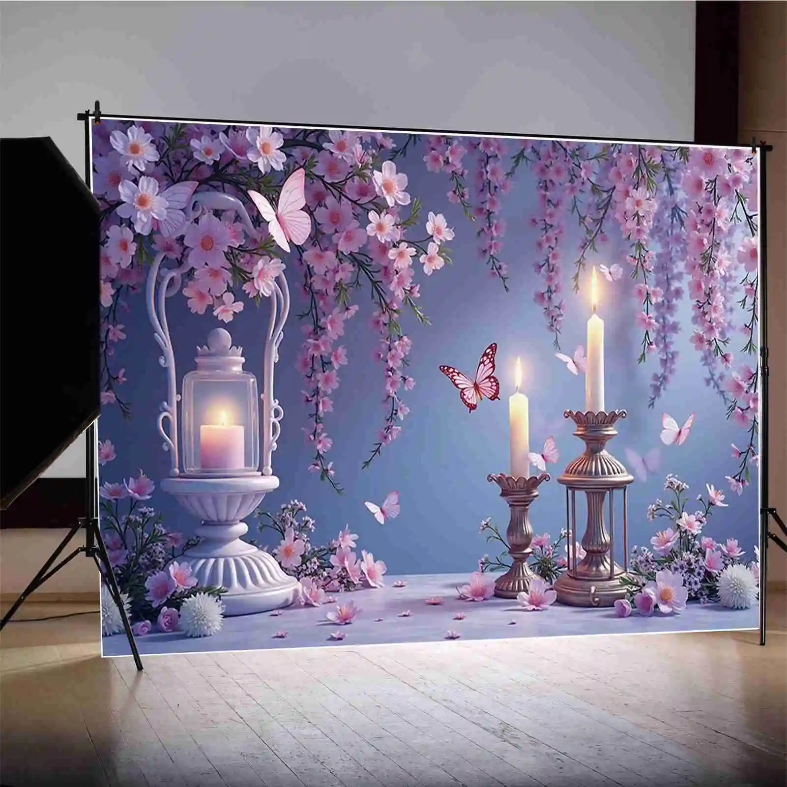 MOON.QG Pink Purple Children Birthday Photozone Backdrop Hanging Flowers Balloons Butterfly Baby Photography Shooting Background
