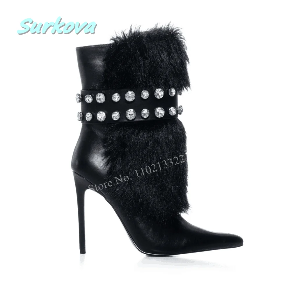 Winter Black Furry Luxury Mid-calf Boots Pointed Toe Solid Side Zipper Thin High Heel Plus Size Hot Sale Sexy Women Shoes