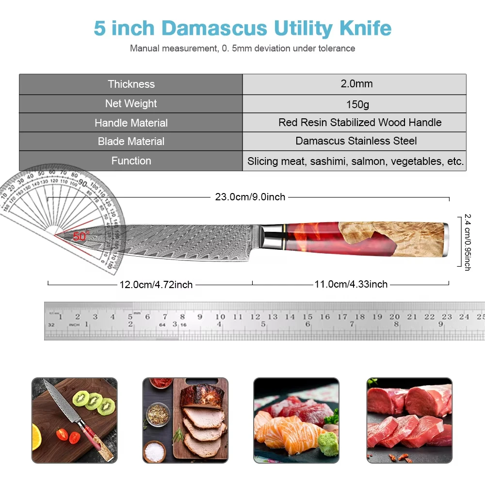 Professional Damascus Steel 5-Inch Utility Knife Razor-Sharp Kitchen Fruit Knife Western-Style Steak Knife Ergonomic Handle
