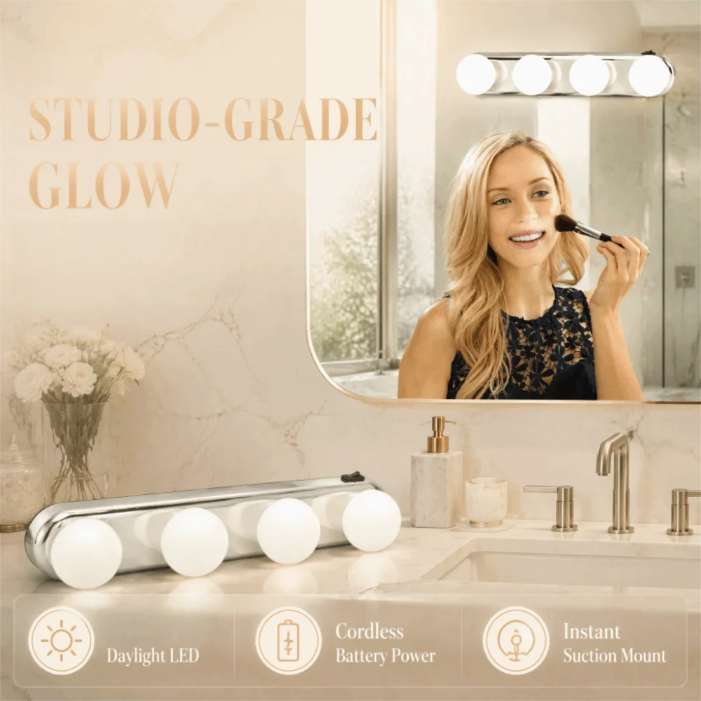 ABS Mirror Lights 4 Bulbs Silver Makeup Vanity Lights Suction Cup Wall Mounted Vanity Lights Living Room Bathroom Dressing Room