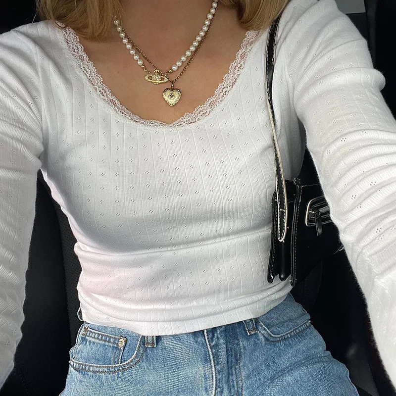 

IAMHOTTY Coquette Jacquard Knit Top Pink White Bow Decorate Lace Stitching Square Collar Tops Autumn Spring Slim-fit Tees Cute