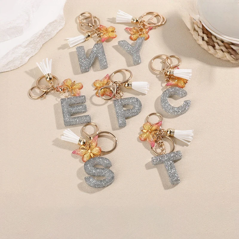 

A To Z Silver Glitter Letter Keychain 26 Initials Alphabet Butterfly Tassel Charms Keyrings Bag Ornament Car Trinket Gifts