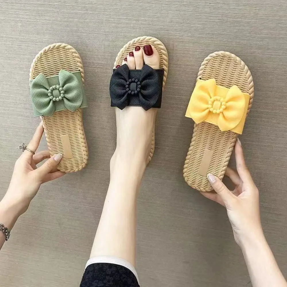 All Match Bead Bow Flats Slippers Flip Flops PVC Slippers for Women Shoes Sweet Slides Sandals Beach