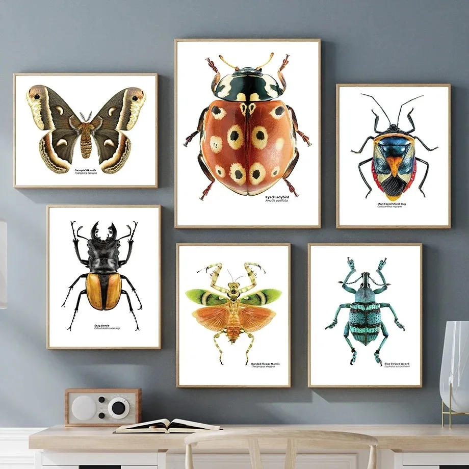 Leaf insect with flower mantis and ladybug wall art canvas painting, living room decorative wall picture
