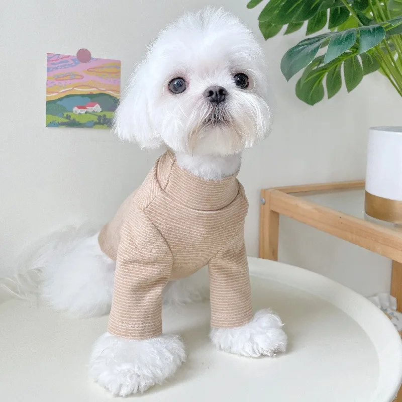 

High Neck Dog Clothes Korean Pet Bottoming Shirt Autumn and Winter Warm Teddy Clothes Puppy Cute Striped Clothes