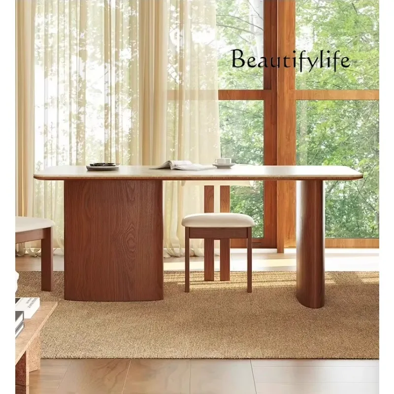 

W Wood Style Retro Travertine Rock Slab Dining Table Household Small Apartment Modern Simple Medium And Ancient Style Design