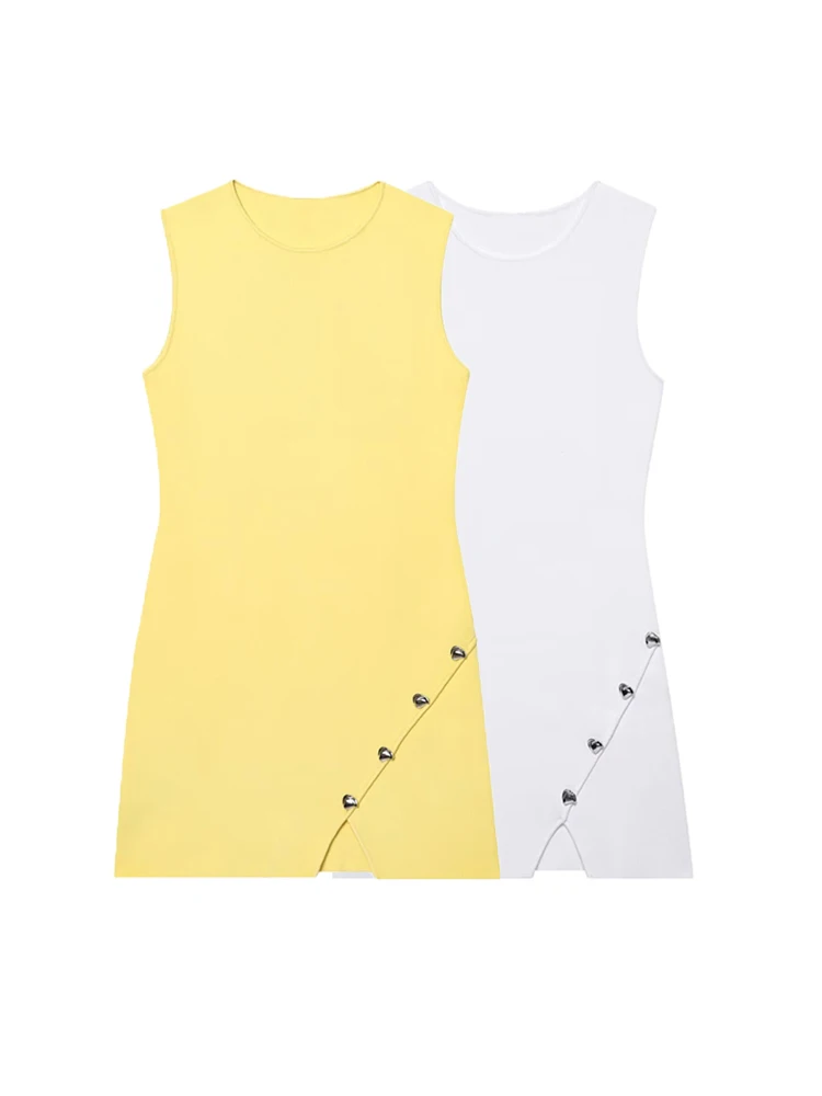 

TRZA Women's Fashion Irregular Button Detail Butter Yellow Knit Mini Dress Sleeveless O-Neck Female Dresses Vestidos Mujer