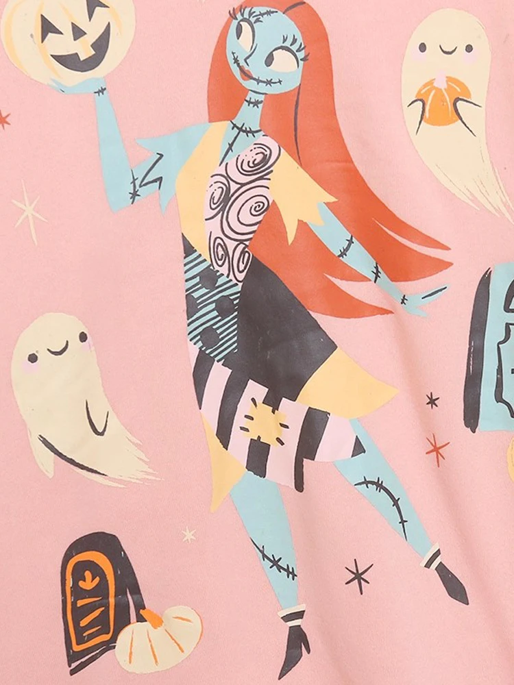 Disney Halloween The Nightmare Before Pumpkin Cartoon Print Fleece Sweatshirt Damen Langarm O-Ausschnitt Pullover Pullover Tops Rosa