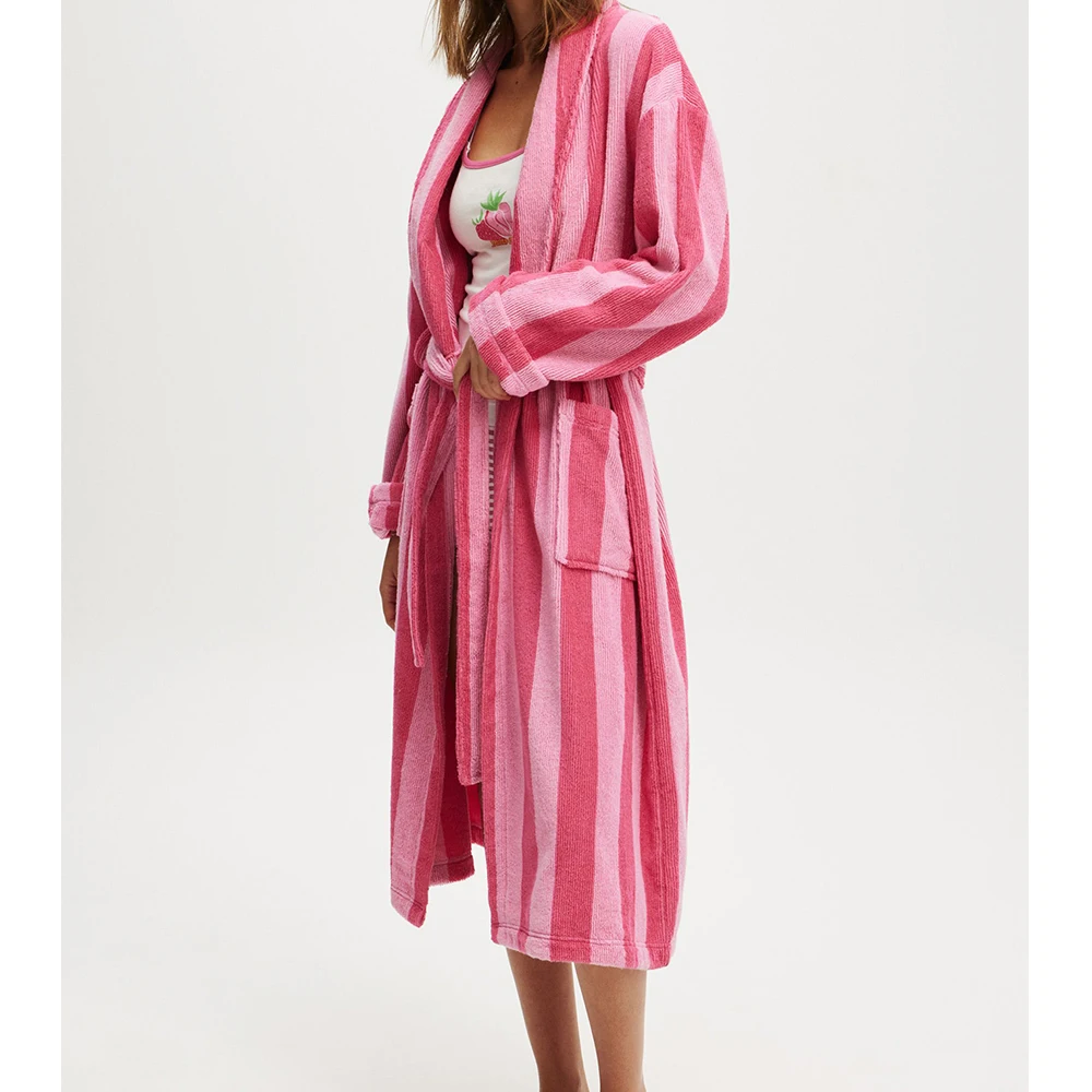 Bata chal de otoño e invierno para mujer, albornoz de felpa a rayas con bolsillos, camisón de manga larga hasta la rodilla, ropa de dormir, batas, ropa de descanso