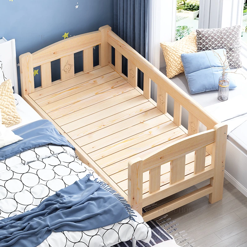 Modern Solid Wood Small Children's Beds with Guardrails Single Bedside Bed for Boys and Girl Widened Spliced Large Bed Furniture