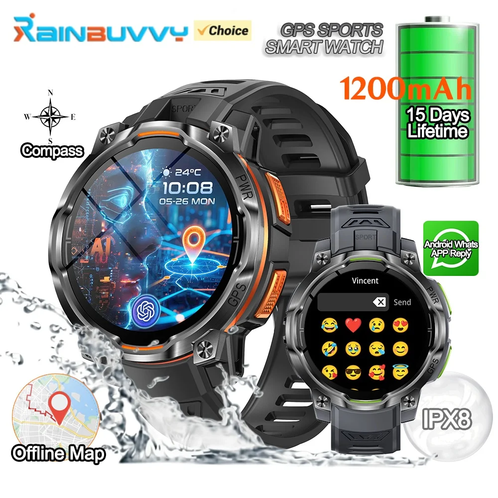 Rainbuvvy KC108 GPS Sports Smartwatch 1.46inch TFT BT5.3 IPX8 Waterproof 360x360 Bluetooth Call 1200mAh Outdoor Android Watch
