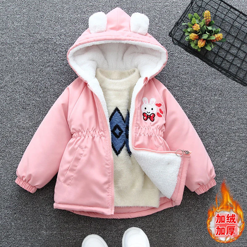 Autumn Winter Girls Thick Coat Cute Rabbit Print Jackets Can Tighten Waist Hooded Windbreaker For Kids Children Thin Outerwear