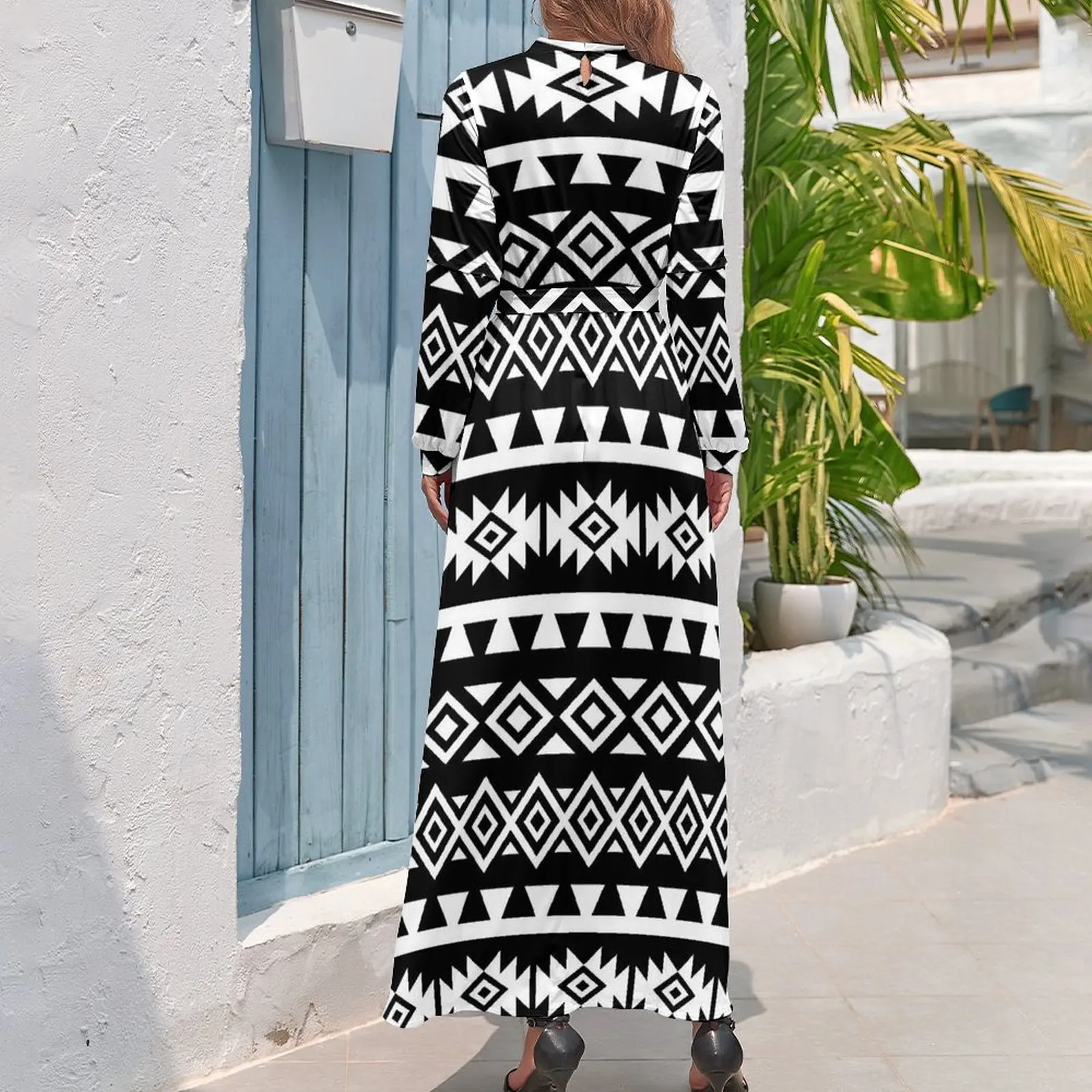 Vintage Aztec Art Dress High Waist  Custom Boho Beach Dresses Long Sleeve Street Wear Long Maxi Dress Vintage Clothing