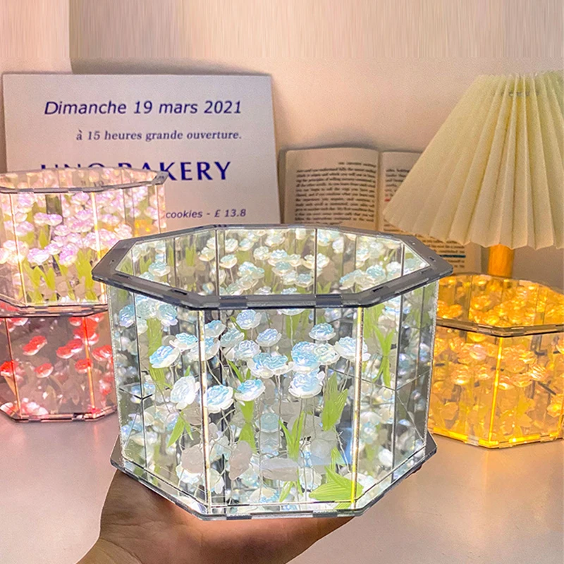 

DIY Material Tulip Mirror Cube Lamp Octagonal Handmade Flower Night Light for Bedroom Atmosphere Decor Perfect Birthday Gifts