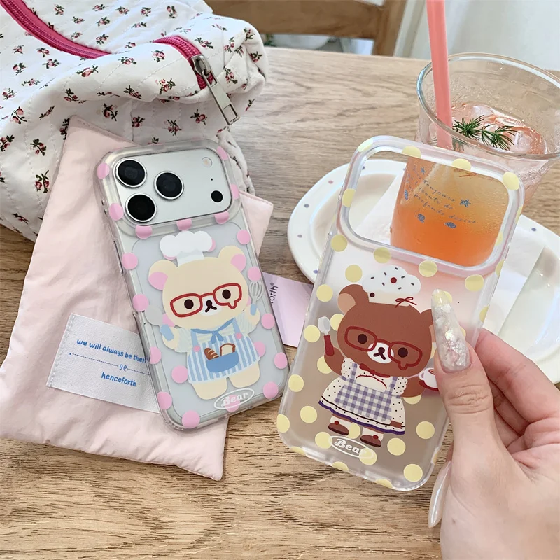 

Cute Bear Polka Dot Clear Phone Case For iPhone 15 16 17 Promax Protection Shockproof Cartoon Girl Back Cover Gift Cases funda i