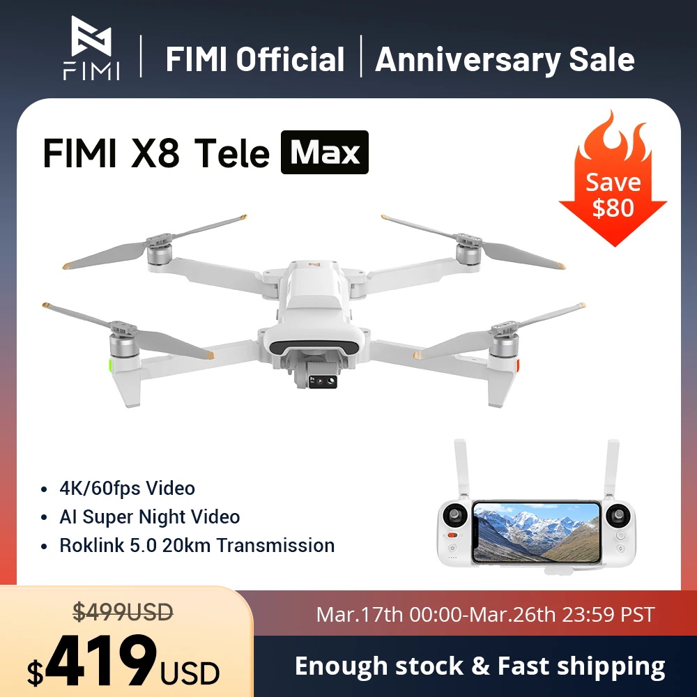 FIMI X8 Tele Max new drone Wide-Angle Tele Camera 30x Hybrid Zoom 20KM range 4K 60fps 3-axis Gimbal GPS AI Super Night Video