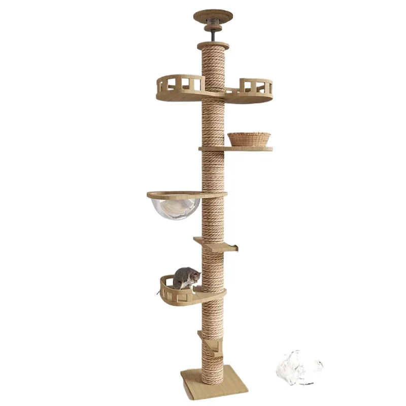 Multifunction Pet Furniture Wooden  Tree House Kitten Climbing Toy Scratching Posts  Tower Soft Flannel Hammock Bed