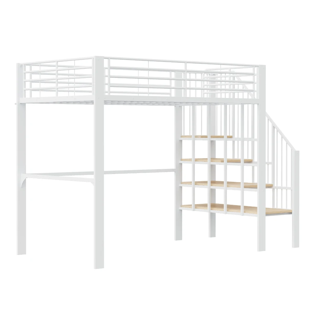Stabiles Hochbett aus Metall, 90 x 200 cm/140 x 200 cm, mit geräumigem Stauraum unter dem Bett und Treppe für Kinder und Erwachsene, Bettgestelle und -gestelle – Detail 34