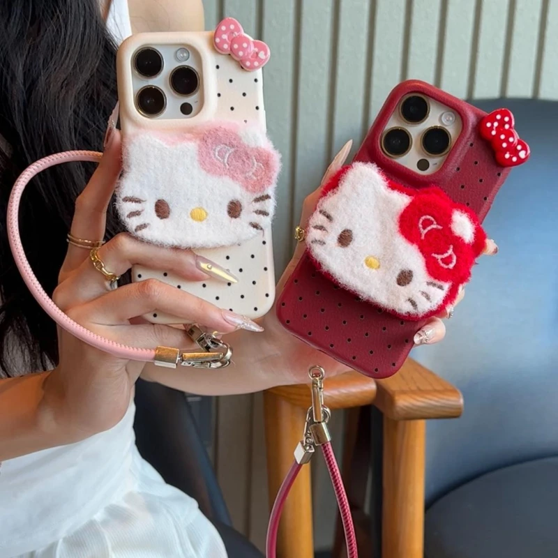 

New Plush 3D Hello Kitty Phone Case with Hand Strap for iPhone 16 Pro Max iPhone 15 Pro 14 Plus 13 12 11 Women's Phone Cover