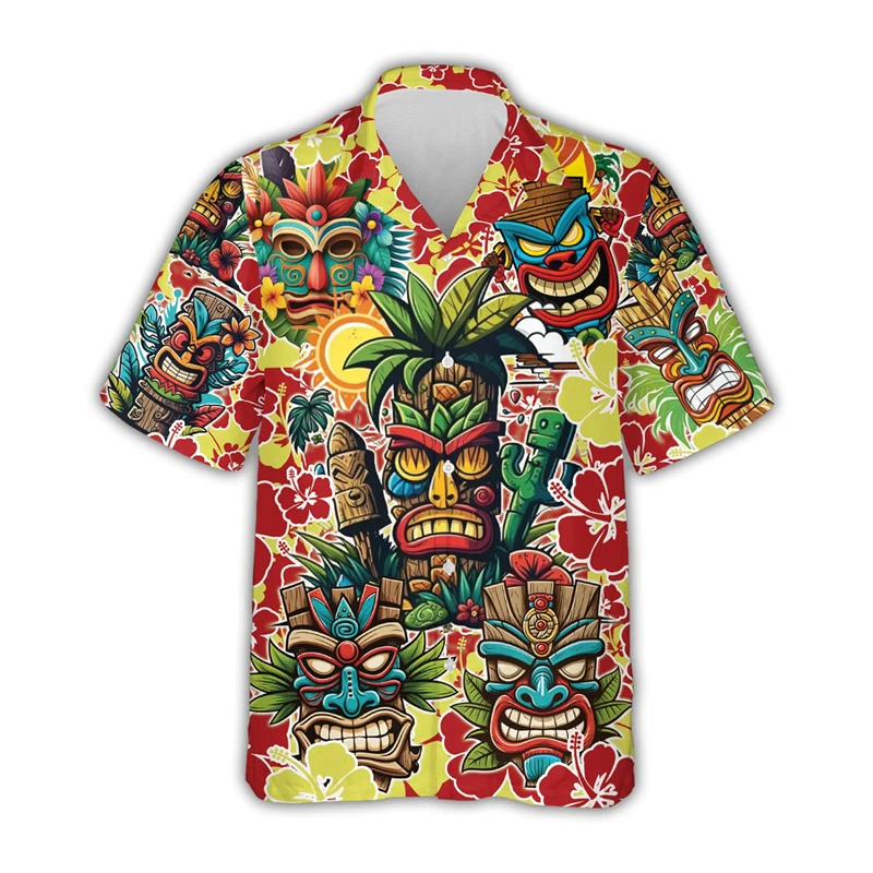 New 3d Tiki Print Hawaiian Shirts For Men Retro Men\'s Shirt Loose Casual Male Clothing 2024 New Mens Fashions Short Sleeve Shirt