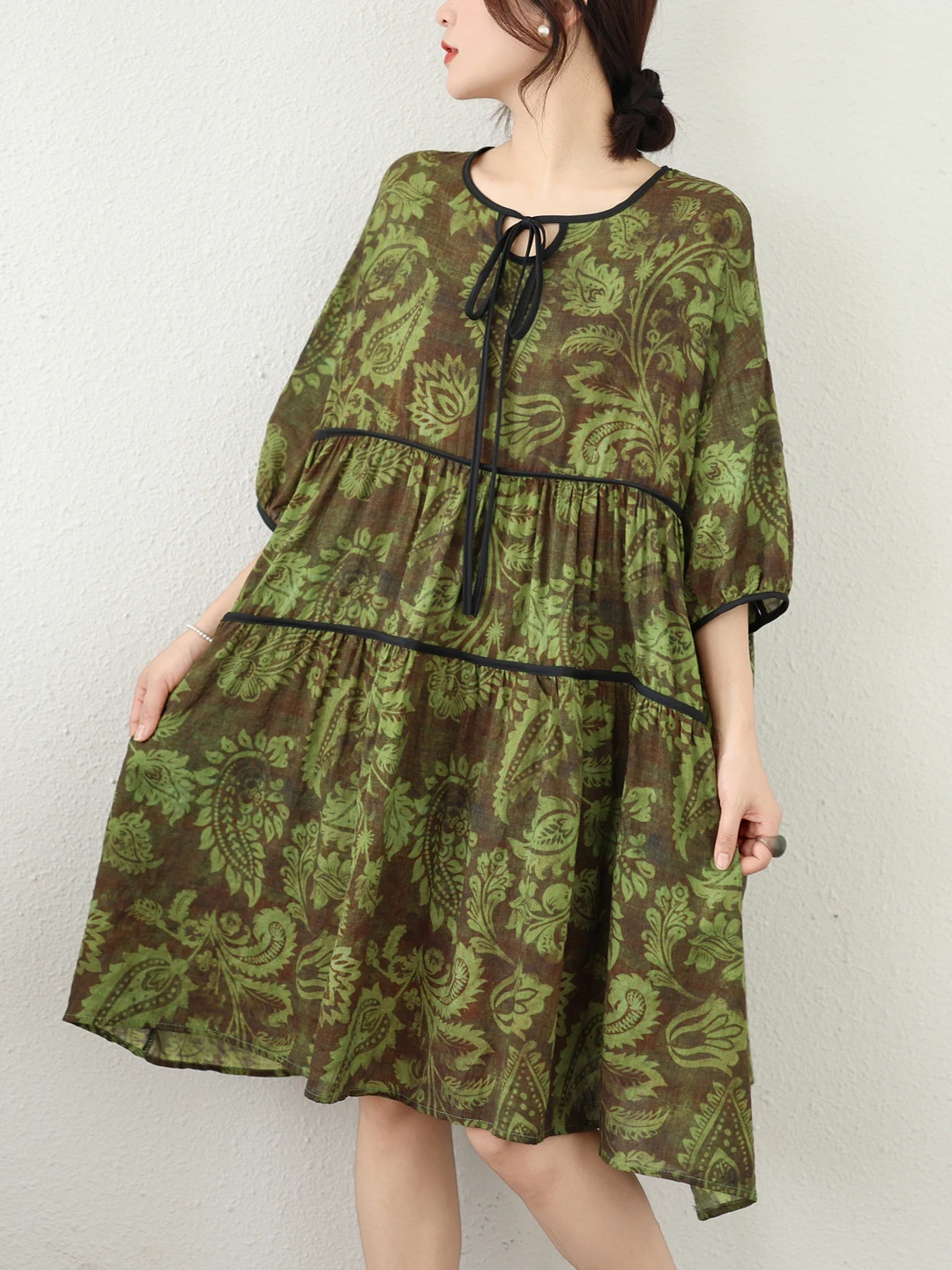 

Slimming Large Print Cotton Linen Summer Dress with Rope Tied Neck Loose High Waist A-Line Skirt Casual Wear Short Sleeve