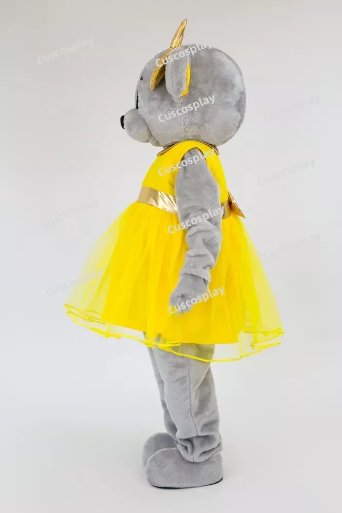 فستان أصفر رمادي تيدي بير زي التميمة شخصية ملاهي Funfair الرسوم المتحركة فستان بتصميم حالم حفلة عيد الهالوين