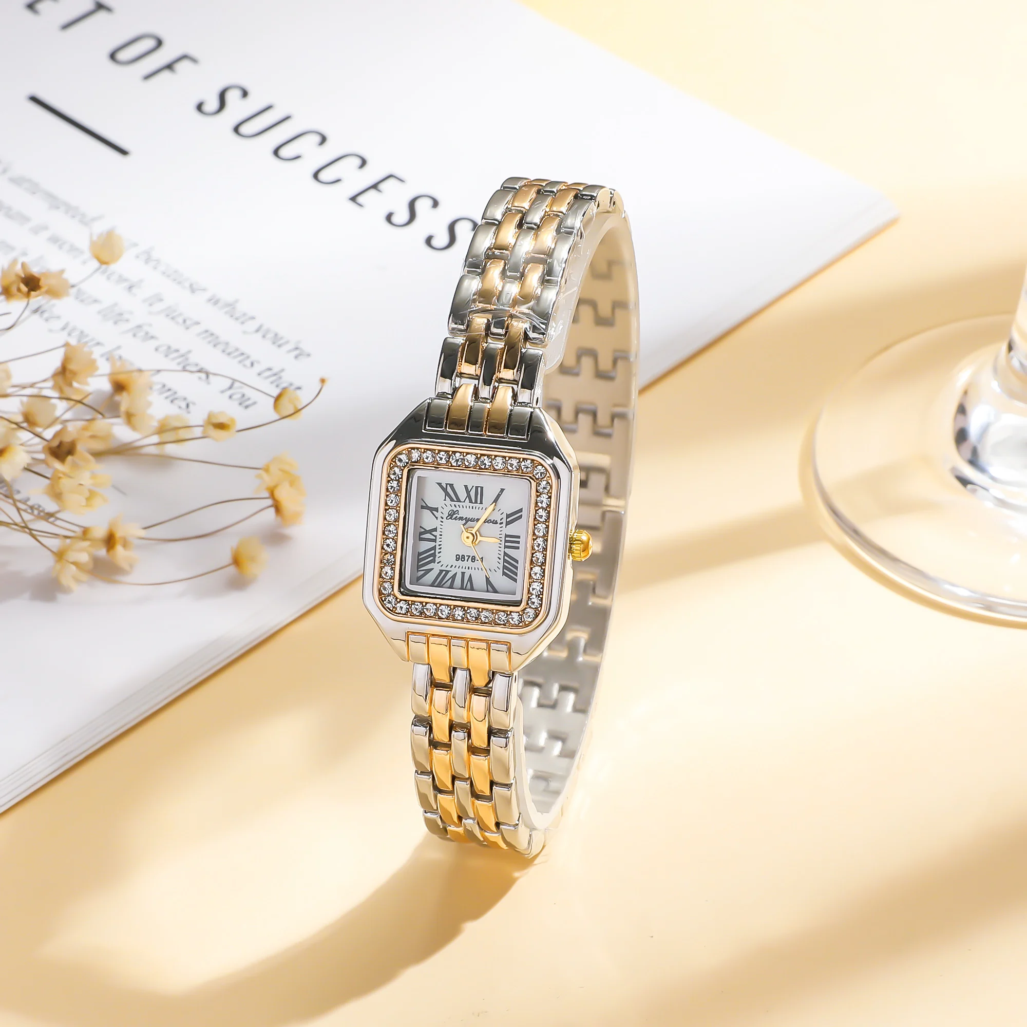 Women Fashion Square Roman Dial Full of Crystals Steel Belt Quartz Watch