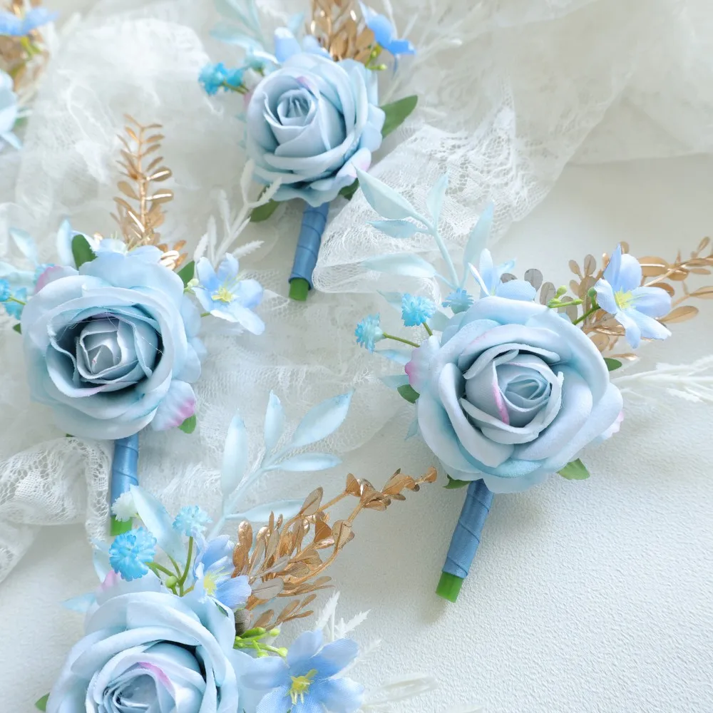 صدار المعصم الأزرق وزهرة العروة على المعصم للعروس وصيفة العروس الزفاف العروة للرجال العريس وصيف الزفاف #3