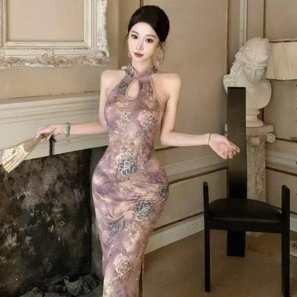 2026 Purple Imperial Concubine Qipao Summer Dress, Cut-out Shoulder Chinese Style Waterdrop Long Printed Cheongsam