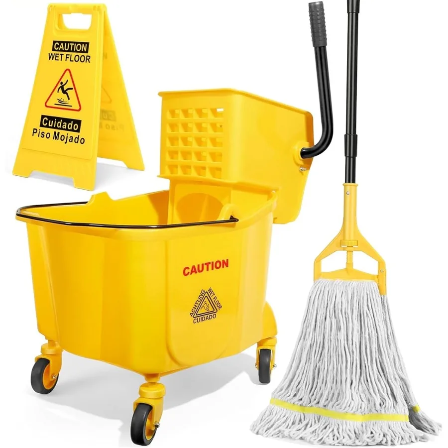 

38 Qt Commercial Mop Bucket with Side Press Wringer on WheelsYellow Industrial Mops and Bucket Set for Floor Cleaning Including