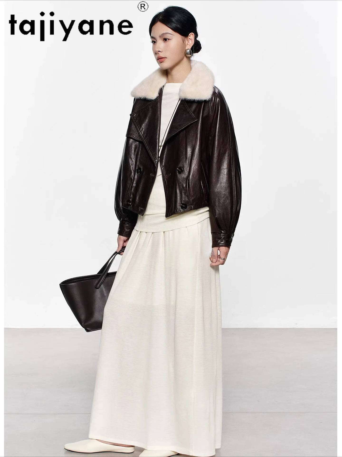 Kurtka damska TAJIYANE z olejowanego wosku, skóra owcza, puch gęsi, luksusowy kołnierz z futra norek, kurtki ze skóry naturalnej, odzież zimowa 2025, дубленка