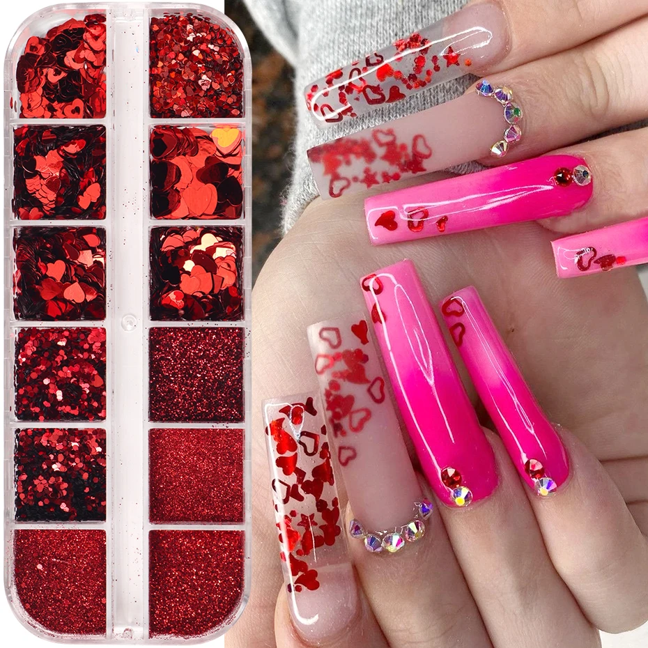 12 Grids Red Heart Valentine Nail Glitter Sequins Fine Chrome Powder 3D Hexagon Flakes Dust French Manicure Wedding Nail Decor