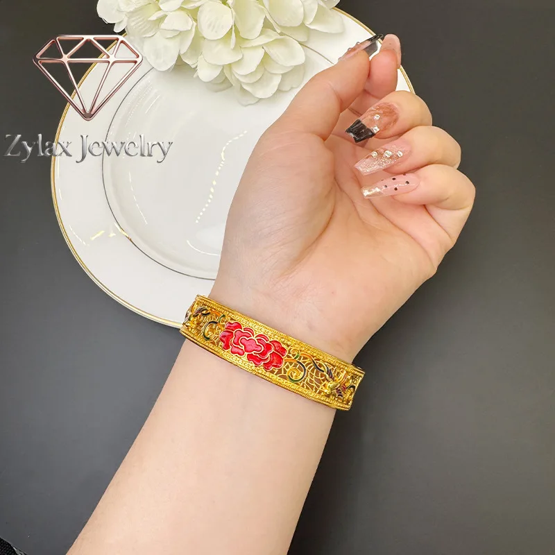

Zylax Jewelry Hollow Filigree Enamel Peony Open Bracelet Women 24K Gold AU999 - Classic peony, lively filigree, durable enamel