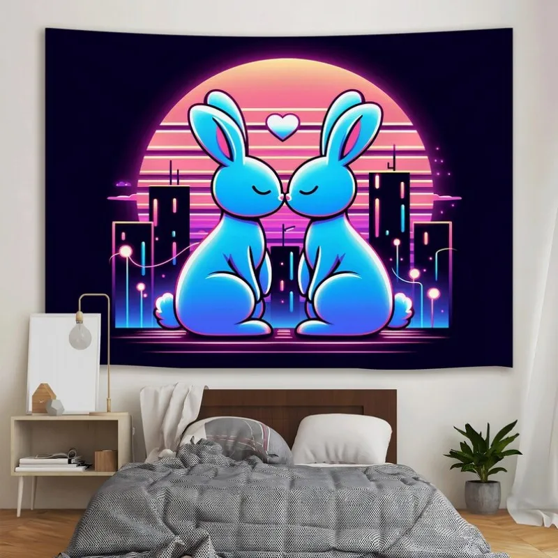 VIKAMA Neon Bunny Couple Tapestry Polyester Wall Hanging Synthwave City Tapestry for Bedroom Room Decoration