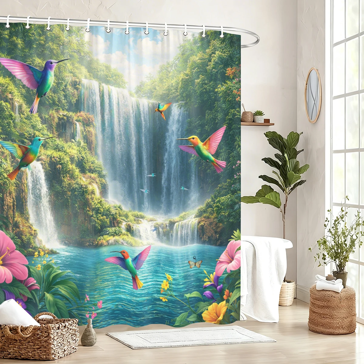 

Nature Scenery Printed Polyester Shower Curtain - Tropical & Forest Landscape Bathroom Decor, Stylish Bathtub Partition Curtain