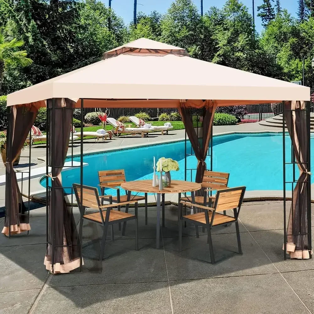 10x10 Outdoor Steel Gazebo with Netting, Double Vented Roof, 100 sq ft Shade Pavilion for Garden & Backyard