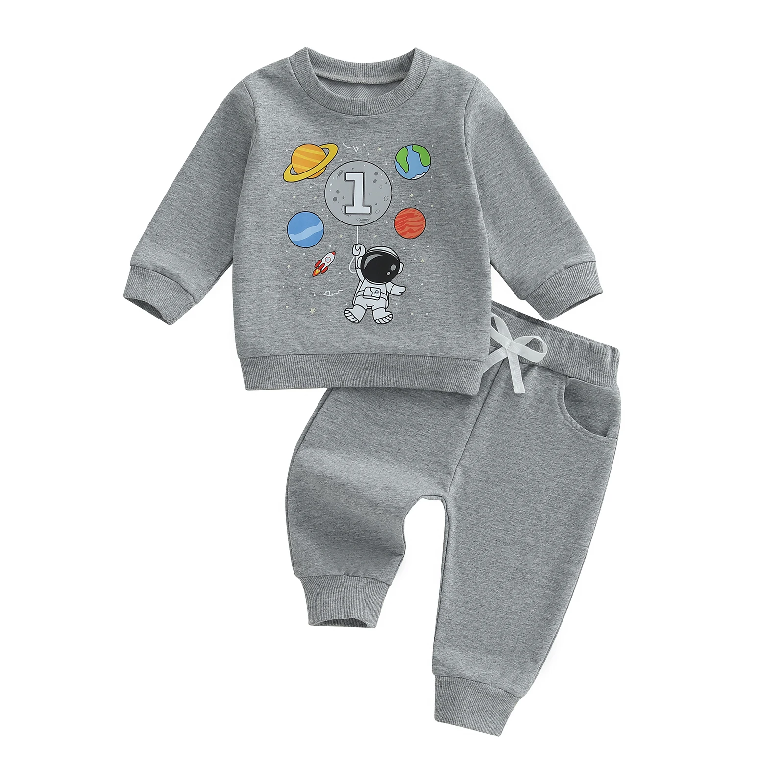 

Baby Boy First Birthday Outfit Long Sleeve Crew Neck Planet Astronaut Print Sweatshirt with Sweatpants Infant Clothes