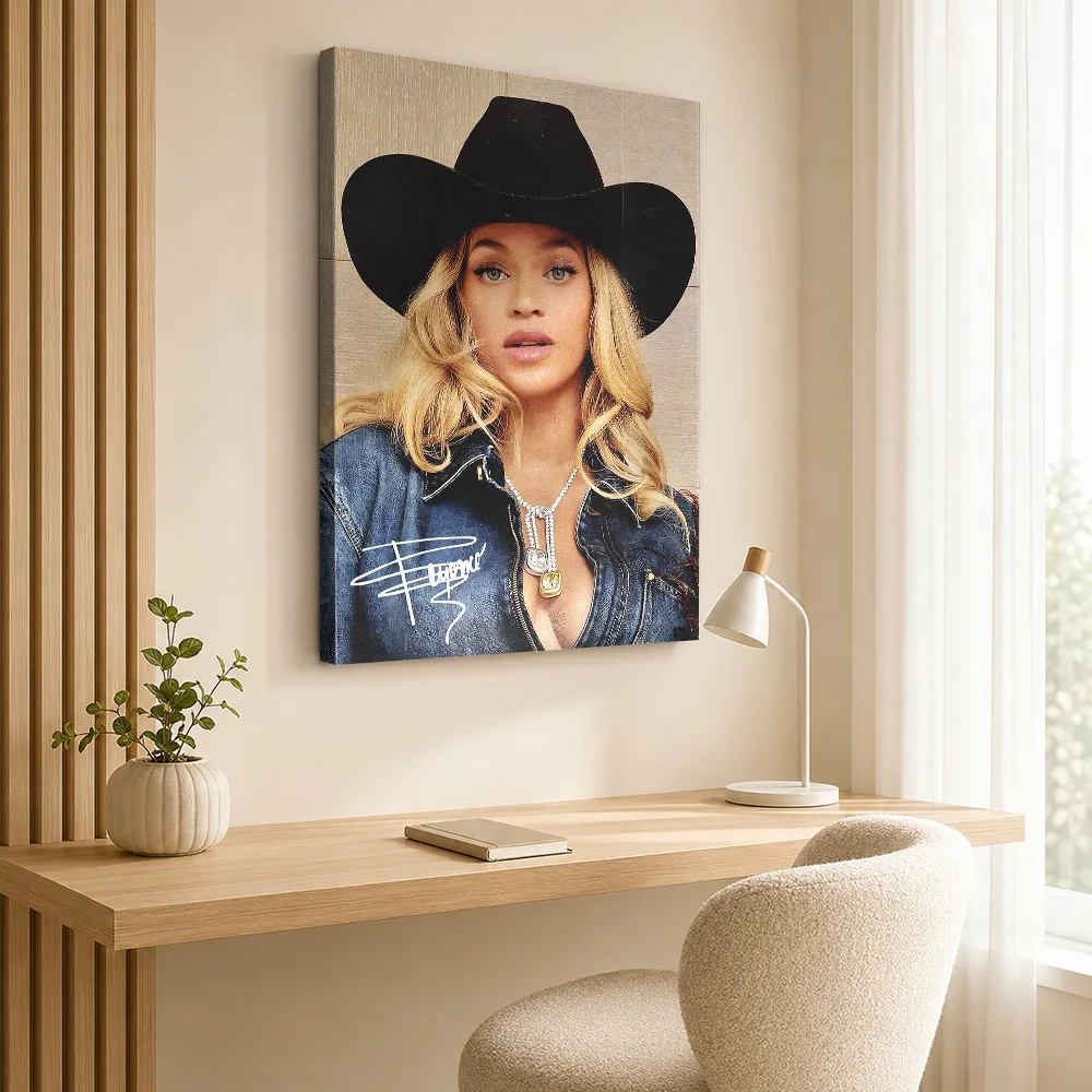Beyoncé in Cowboy Hat and Denim Jacket Framed Canvas Print Poster Customized Retro Music Wall Paintings Decoration for Bedroom