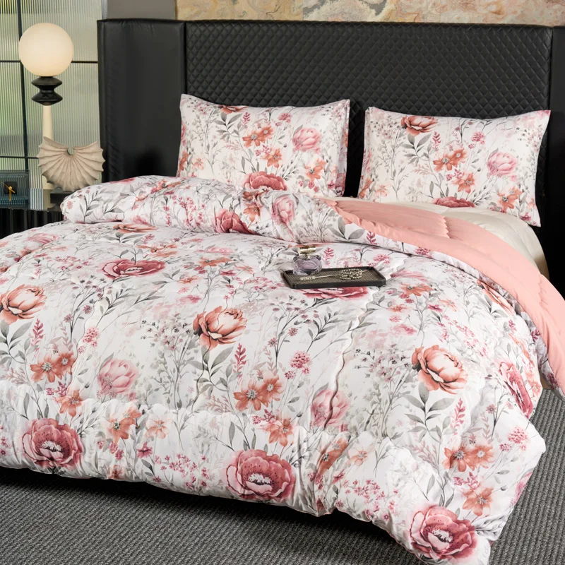 1pc，  French gentle pink flower winter quilt, thick and warm winter double single quilt core, machine washable spring