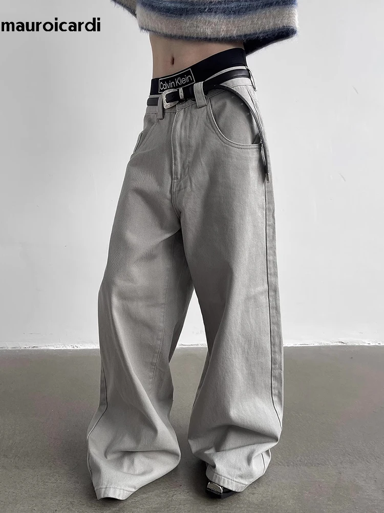 Mauroicardi Autumn Grey Flowy Baggy Wide Leg Pants for Mens Floor Length Fashion Clothing Loose Casual Dark Brown Trousers 2023