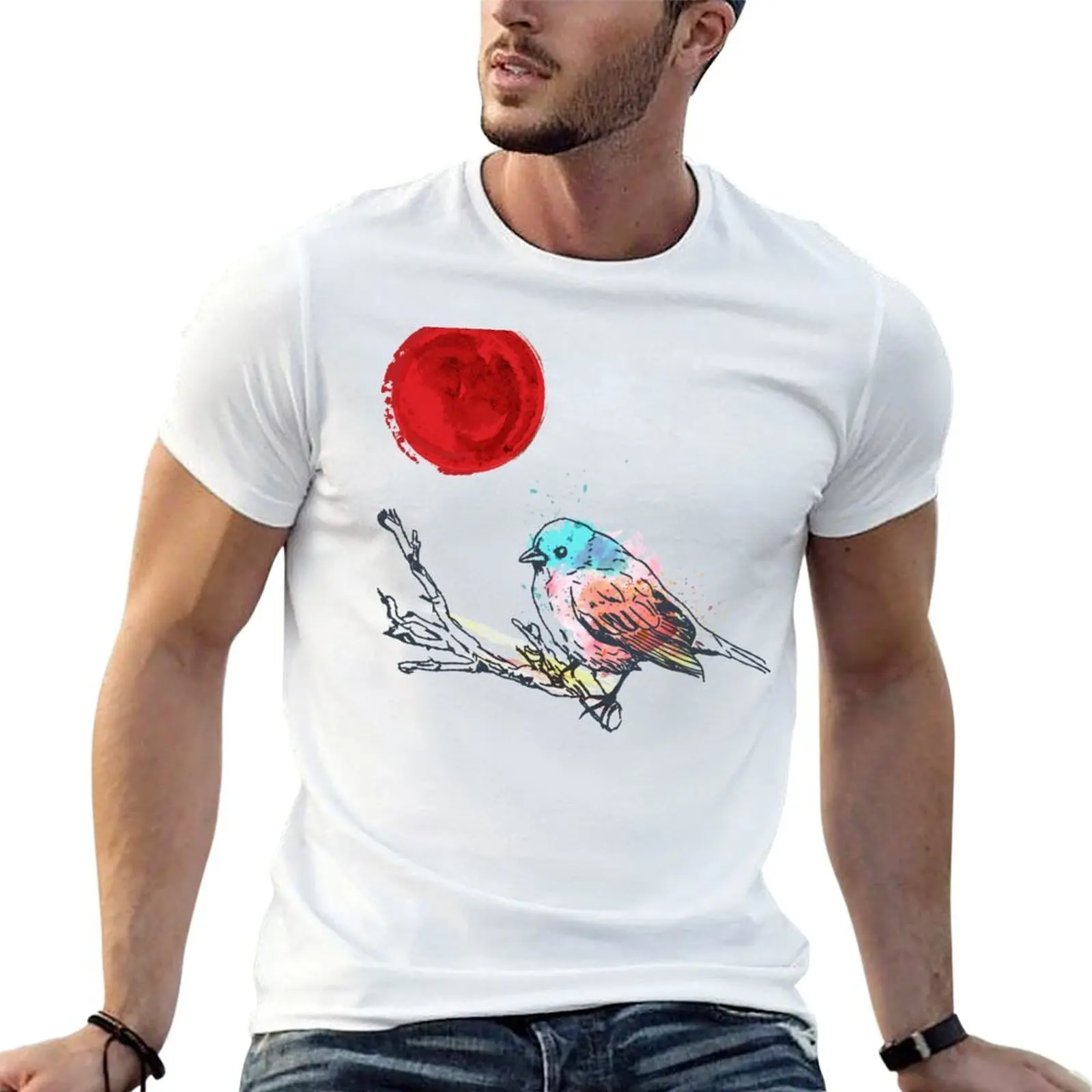 

T-Shirt Art On cotton shirt Style Bird man man shirt t and Red t Moon Japanese Tree Colourful designer