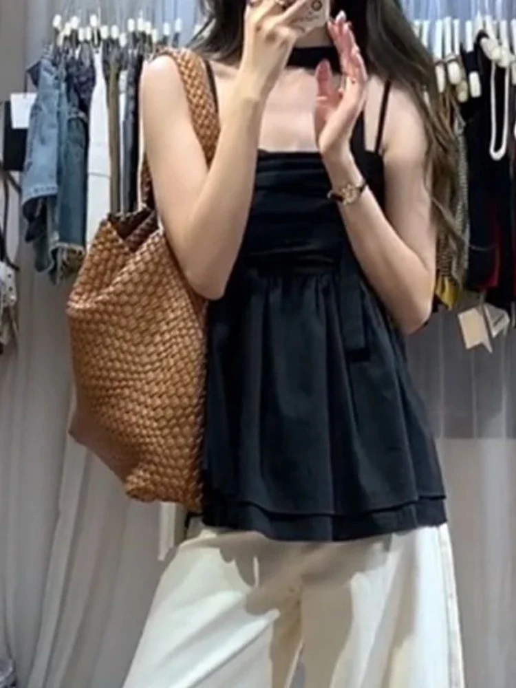 Y2k سترة فضفاضة ذات ثنيات سوداء جمالية 2025 صيفية هاراجوكو الجنية ضمادة قميص قصير حلو الجرونج نمط عطلة عتيق