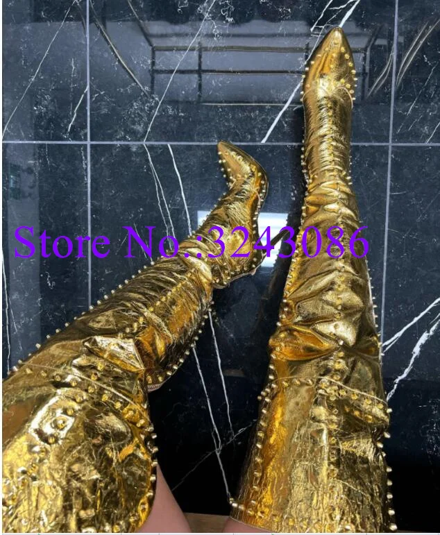 Fashion Studs Woman Long Boots Sexy Design Gold Silver Rivets Over the Knee Boots Lady Sexy Banquet Shoes Dropship