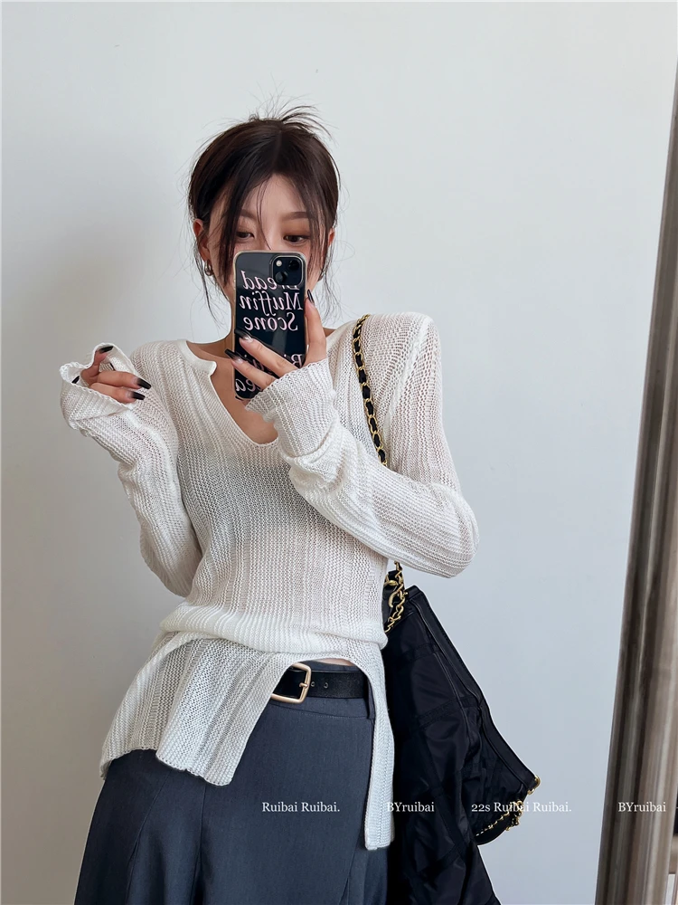

AzaleeKa Grunge Aesthetic T Shirt Women Long Sleeve Knitted Vintage T-Shirt White Fairycore Tee Tops Autumn Fashion Clothes