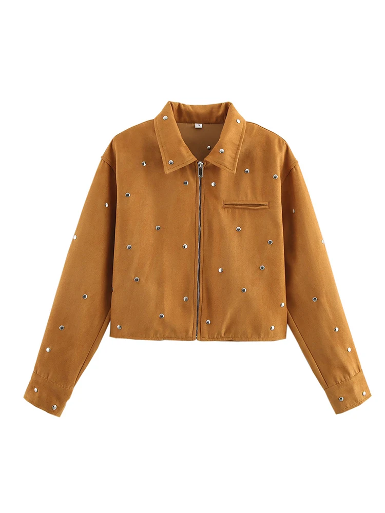 Chaquetas Vintage elegantes con remaches para mujer, chaquetas de gamuza inteligentes a la moda para mujer, trajes informales para mujer, ropa elegante para niñas 2025